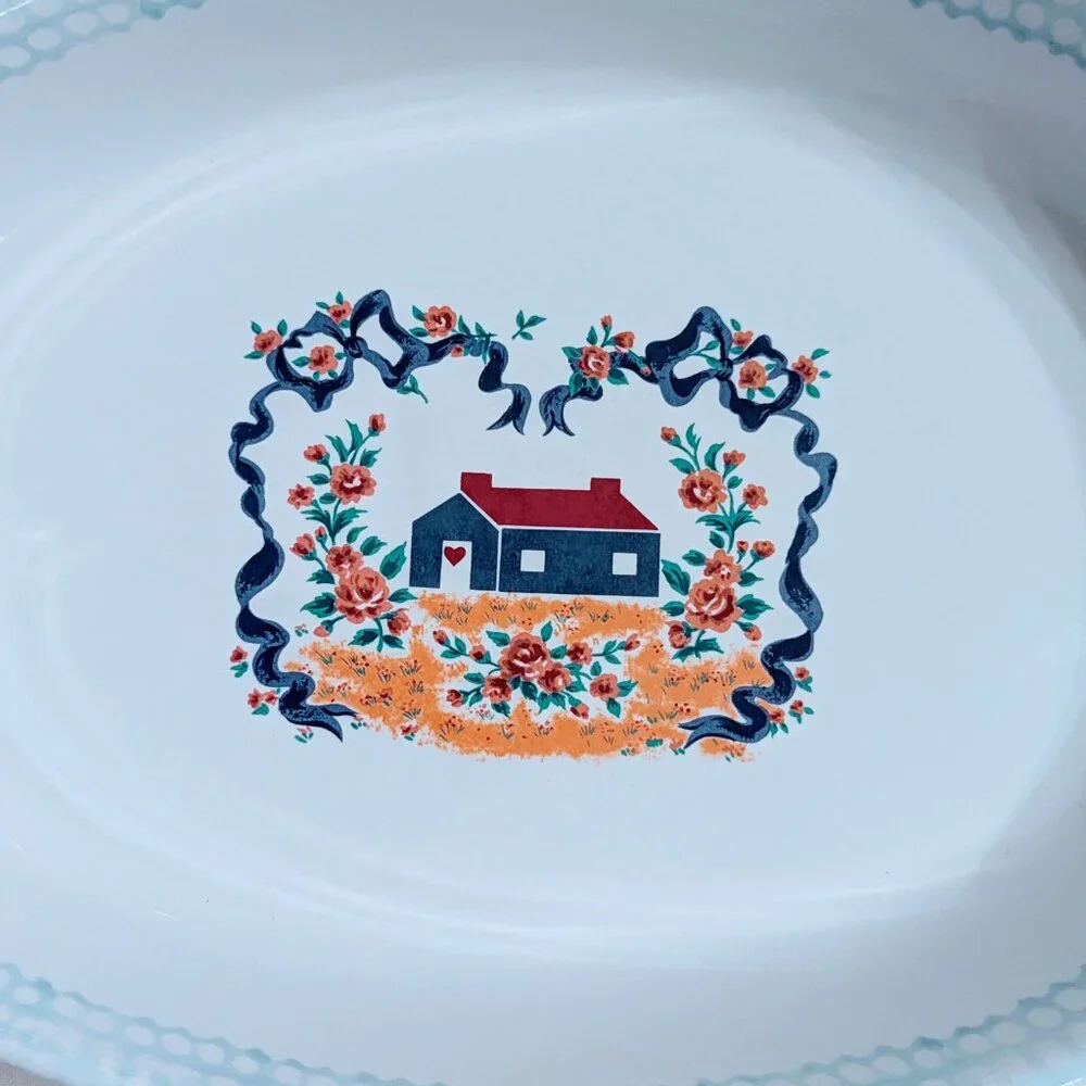 VTG Teamson 1995 Oval Stoneware Casserole Dish Blue Ribbon Country Home Pottery